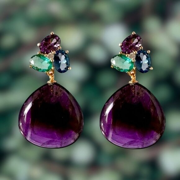 NWT Statement Amethyst Drop Earrings Teardrop 18K Plated Crystal Accents Event - Picture 3 of 11